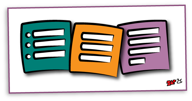 A cartoon of three similar icons made of horizontal lines depicting a bulleted list, a hamburger content menu, and a document