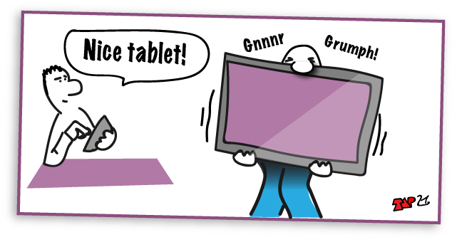 cartoon of supervisor using a ten inch tablet checking in a designer carrying a heavy forty inch tablet