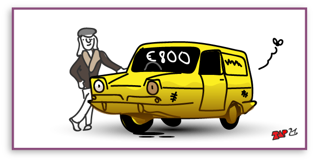 cartoon of a 'Trotters' reliant van and dodgy saleswoman