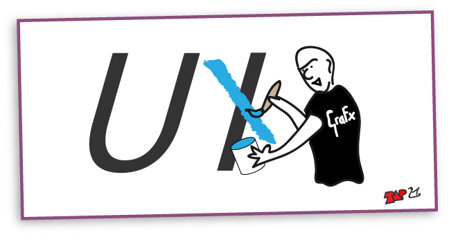 cartoon of a ui designer crossing the 'i' in UI to read UX