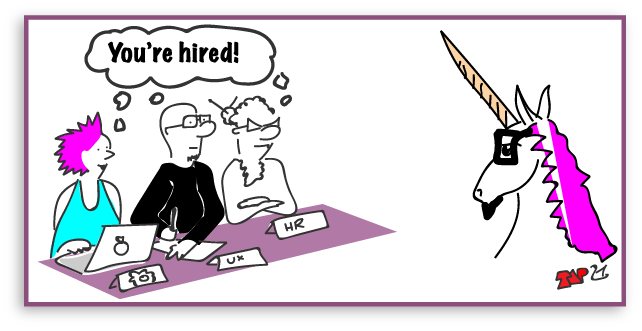 cartoon of a ux designer wearing a unicorn suit being hired by a cliche interview board