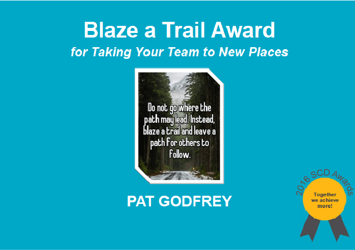 Awarded to Pat Godfrey for taking your team to new places - do not go where the path may lead. Instead, blaze a trail for others to follow.
